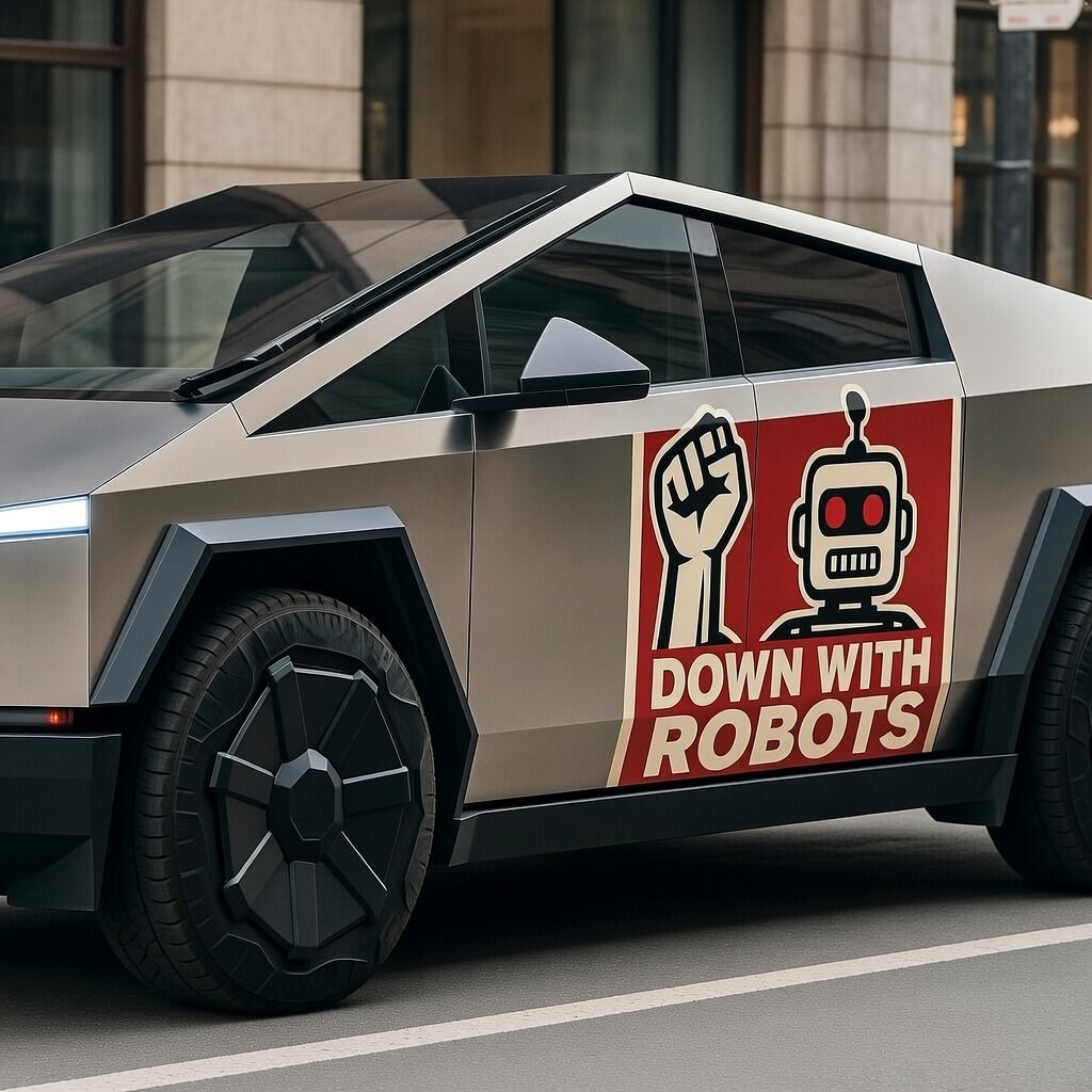 Cybertruck with Down With Robots branding