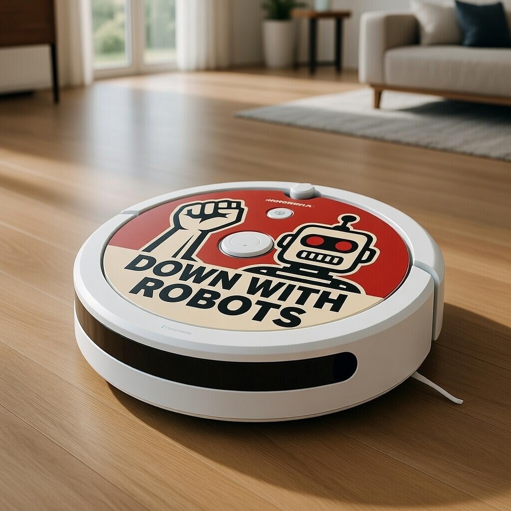 Roomba with Down With Robots branding